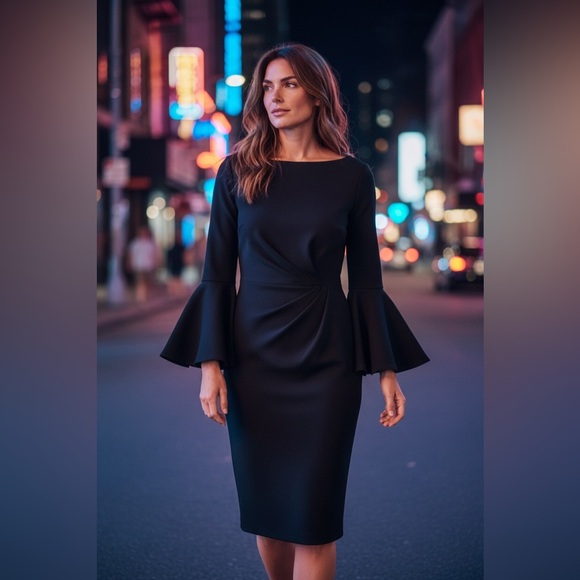 Adrianna Papell Black Bell Sleeve Sheath Dress | Size 10 Regular - Picture 13 of 16